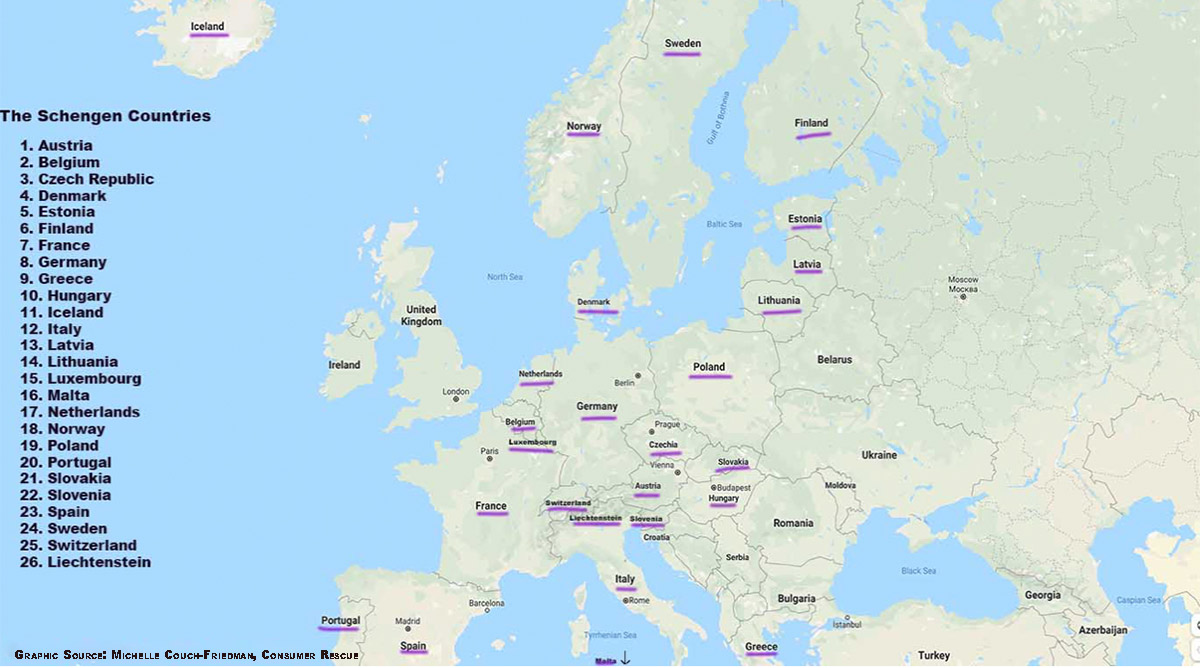 These are the border-free countries of the Schengen Area as of 2022. US citizens must have a passport valid beyond 90 days of their intended exit in order to be approved for entry. 