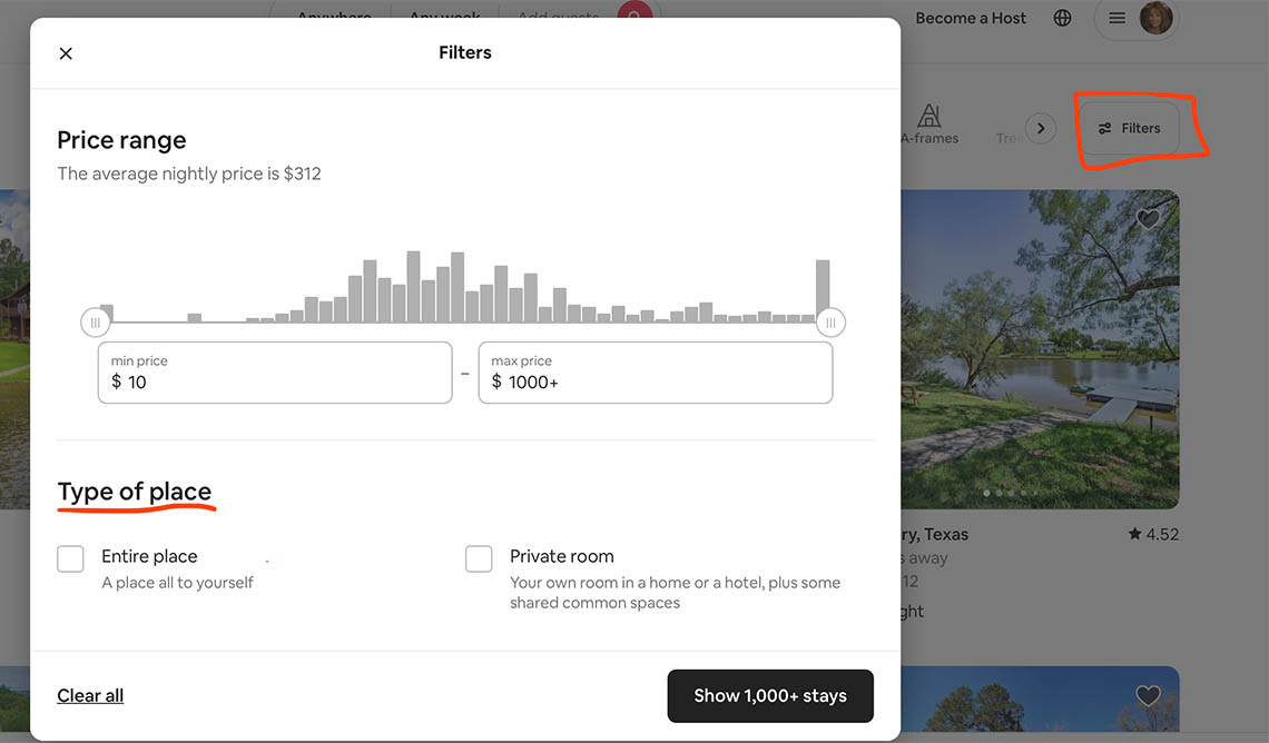 This graphic shows how to filter your Airbnb rental search so that you can't accidentally book a shared space rental.