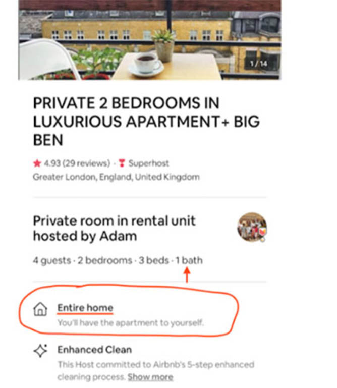 This screenshot of the Airbnb listing proves that the host is intentionally misleading potential guests so they aren't aware it is a shared space rental. 