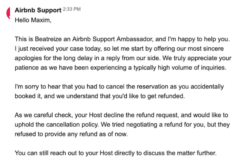 This is the message from Airbnb support noting that the host declined to refund this mislabeled rental. 