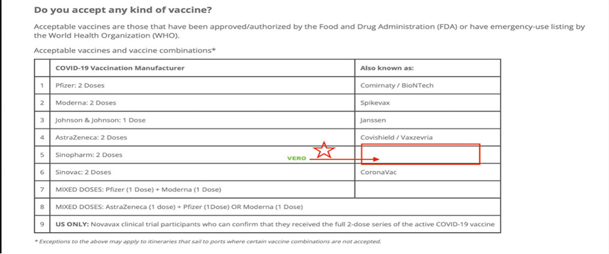 At the time of the original publication of this article, Carnival listed Sinopharm as an acceptable vaccine, but the 'Also Known As" field was blank. This caused the passenger to be denied boarding the Mardi Gras by mistake. 