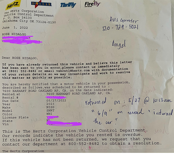 Hertz sent a letter to this Thrifty customer asking for the return of its rental car. 