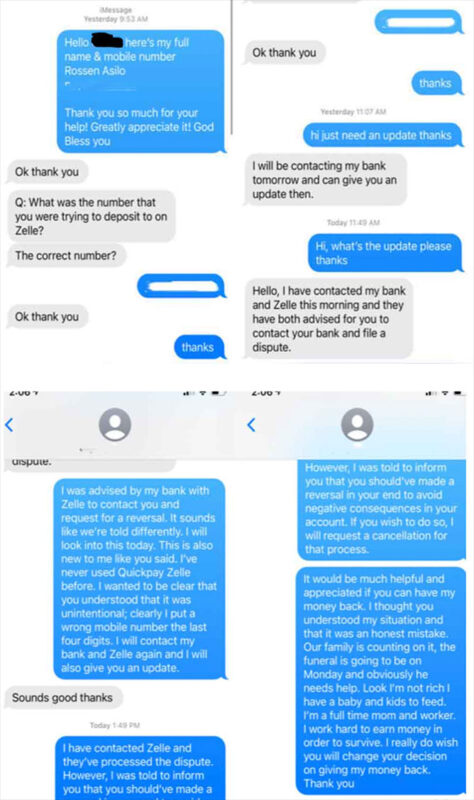 These are the texts exchanged between Asilo and the person who received her money by mistake.