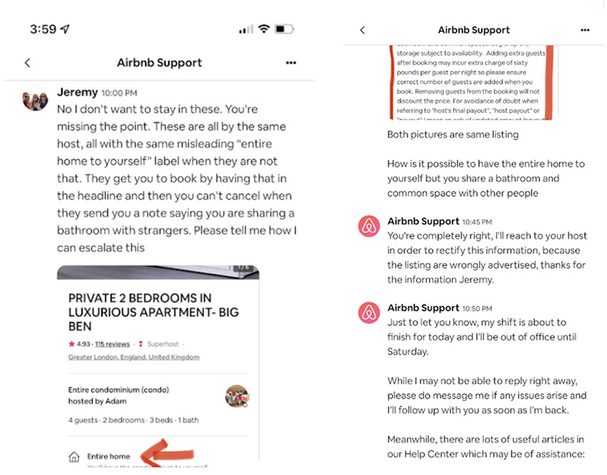 A frustrating chat with an Airbnb customer service agent who confirms this property is an entire home... but it isn't. 