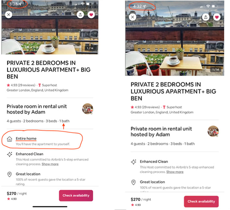 These screenshots of the Airbnb listing at various times of the day prove that the host is manipulating it to trick guests into believing it's a full home. 