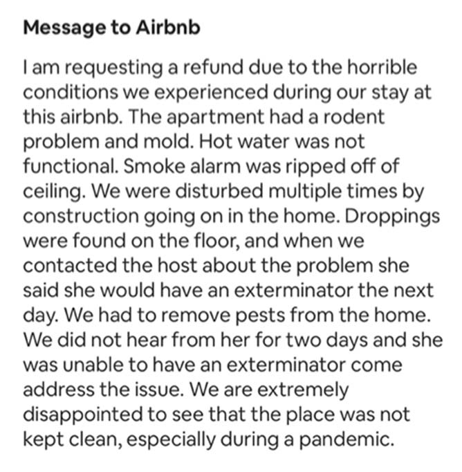 This Airbnb guest wants a refund for this unpleasant stay in which she had to remove "pests" (mice).