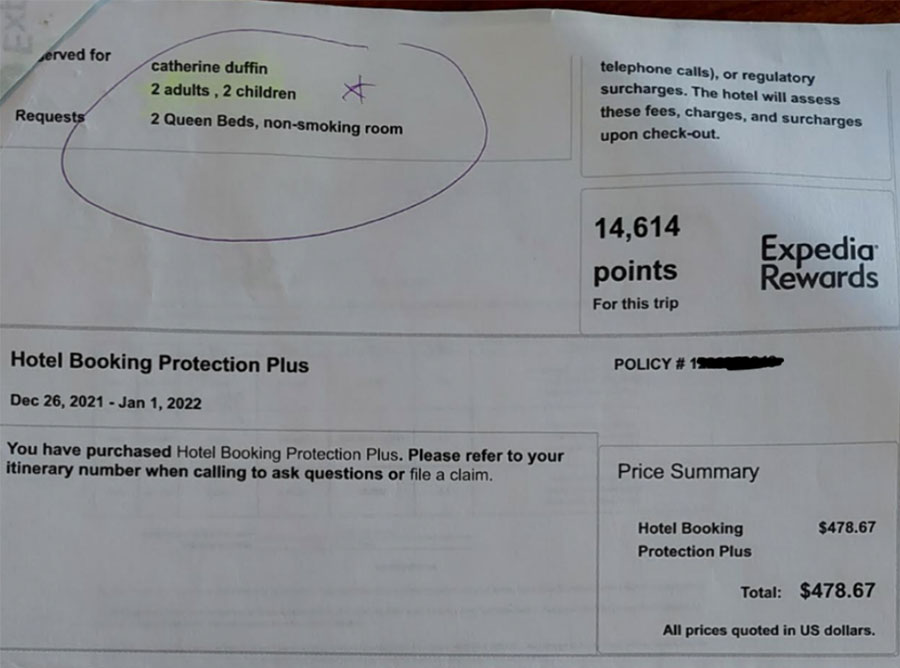 But wait a minute -- the insurance portion of this Expedia reservation seems to point the finger back at Expedia for this problem. 