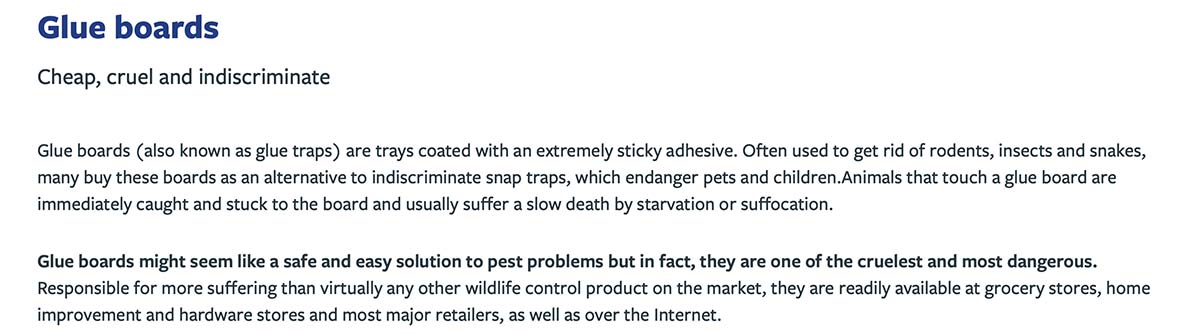 This excerpt from the Humane Society explains why glue traps are a very cruel way to get rid of mice. 