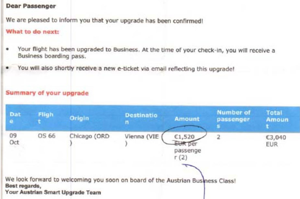 This receipt from Austrian Airlines for the passenger's business class upgrade bid suggests who made the mistake. 