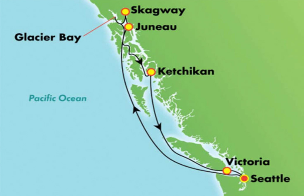 This is the Alaskan itinerary of the Bliss that this family missed because an NCL cruise consultant gave incorrect ID guidance. 