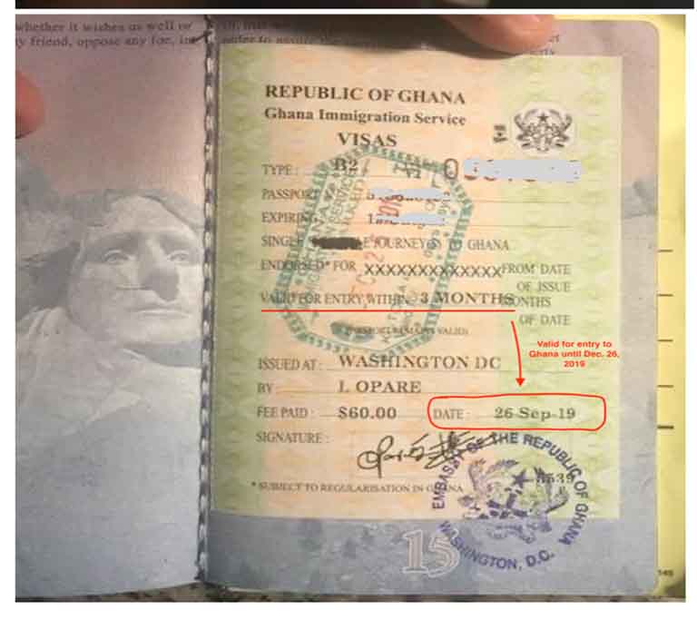 The inside of Jordan's passport shows that he had a valid visa to travel to Ghana. A British Airways employee refused to let him on the plane.