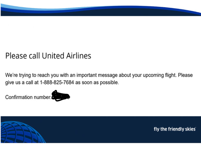 United Airlines alerts the family that their flight home is canceled. 