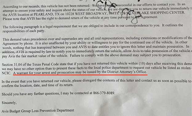 Avis says the rental car that was towed is now missing. 