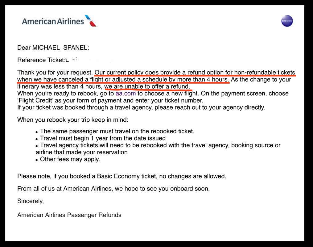 American Airlines formally rejects the family's refund request for the canceled flight with the unusual schedule change. This rejection goes directly against American Airlines' current policy. 