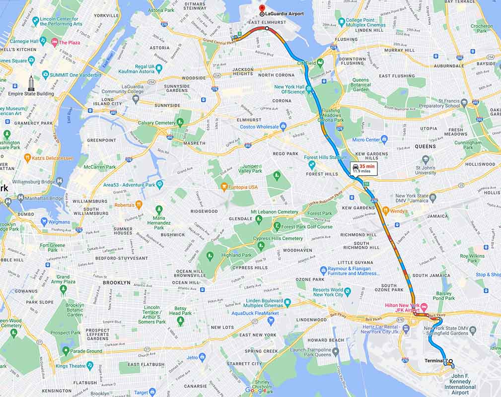 American Airlines changed the family's flight schedule to include a land connection between two airports in New York City. This graphic shows the distance between JFK and LGA airports.