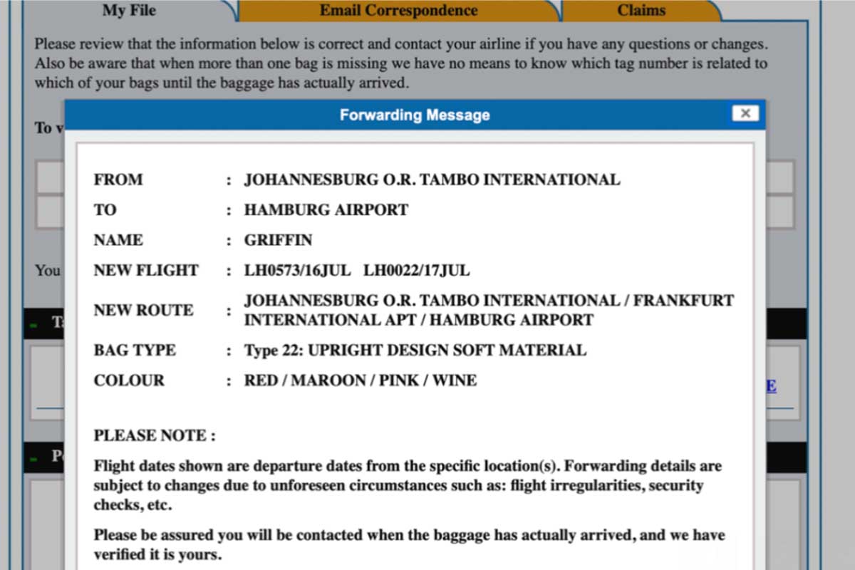 Why did Lufthansa tell this passenger that her luggage never left Chicago? WorldTracer shows the suitcase is in South Africa. 