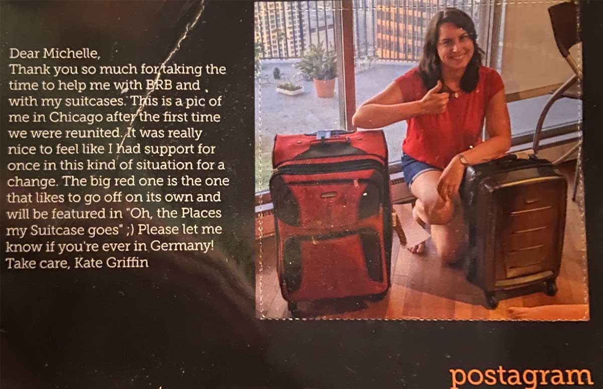 The Lufthansa passenger is finally reunited with her lost luggage and Blue Ribbon Bags paid her claim. 