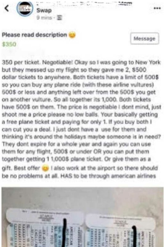 Proof that this American Airlines passenger's daughter put her flight vouchers up for sale on a Facebook group.