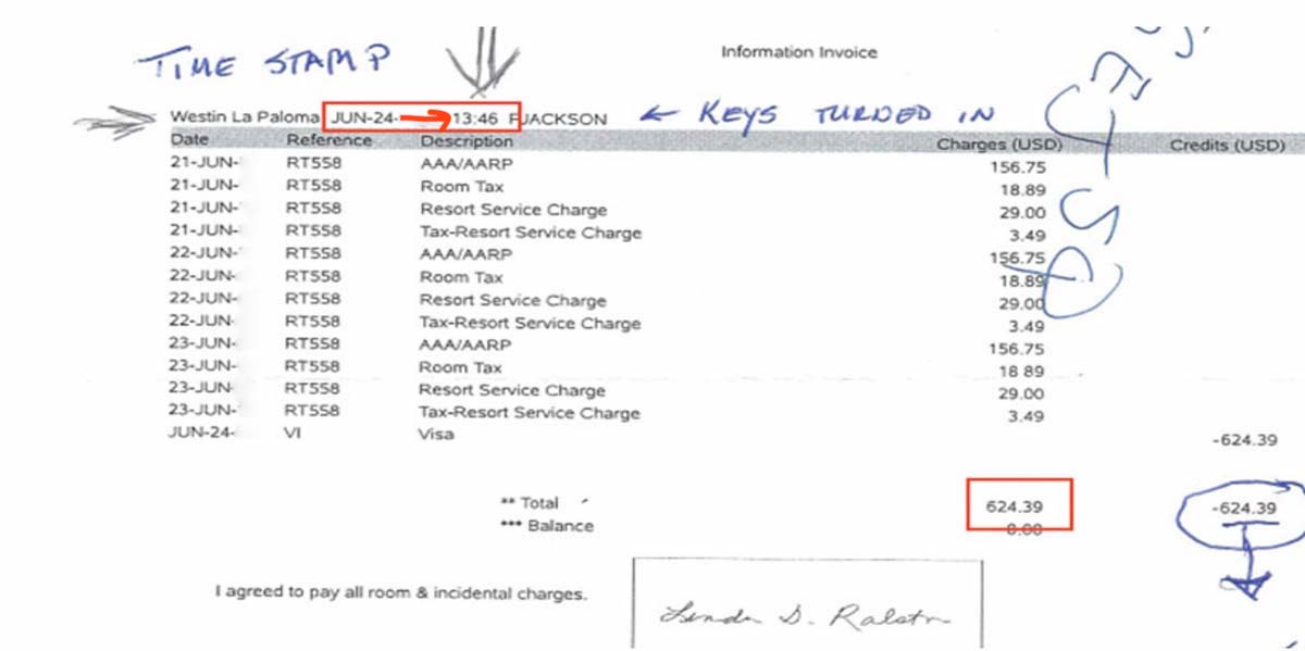 The original hotel invoice has a time stamp that shows the guest left before 2 p.m. -- proving La Paloma made a billing error.