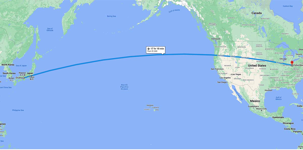 This Google map shows the path the ANA aircraft would have taken from Ohio to Osaka had the airline not canceled the flight. 