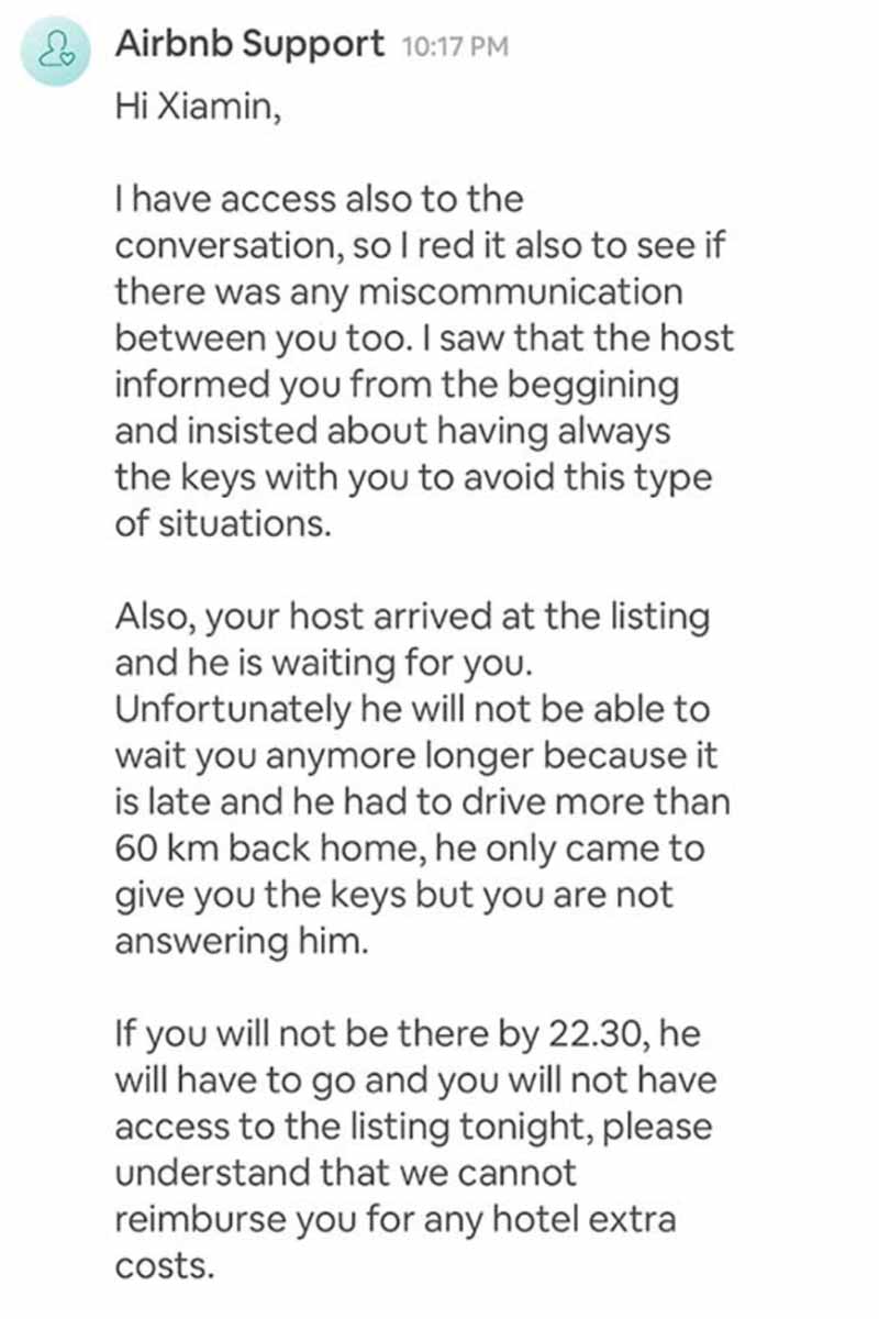 Airbnb support texts the couple and lets them know they won't be let into the property tonight. 