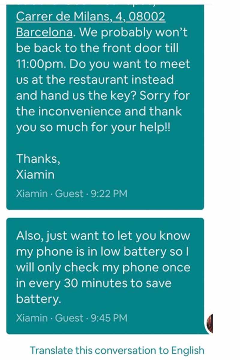 More texts between the Airbnb guests who locked themselves out and the vacation rental's caretaker. 