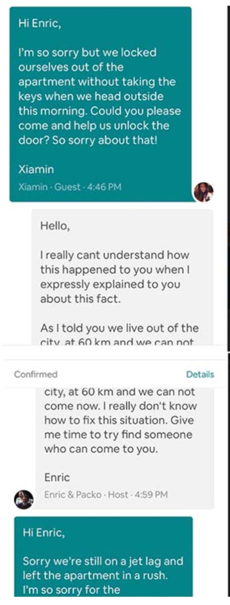 The Airbnb host warned the guest and the self-locking door in these texts. 