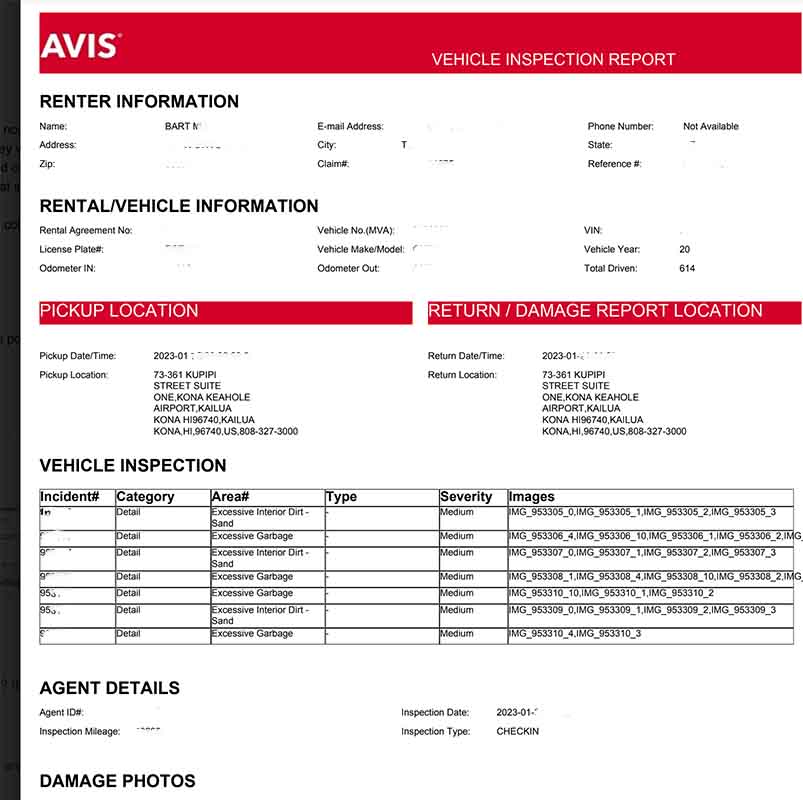 This Avis invoice details that its crew found excessive garbage, dirt, and sand throughout the rental car. 