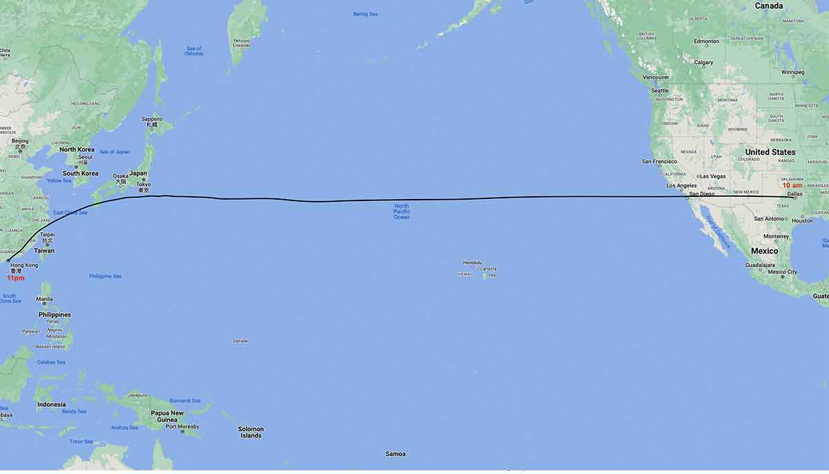 Map, flying between Dallas and Hong Kong, 13 hours time difference, traveler forgot to factor in time change, his American Airlines flight arrived on time, but he arrived on wrong day.