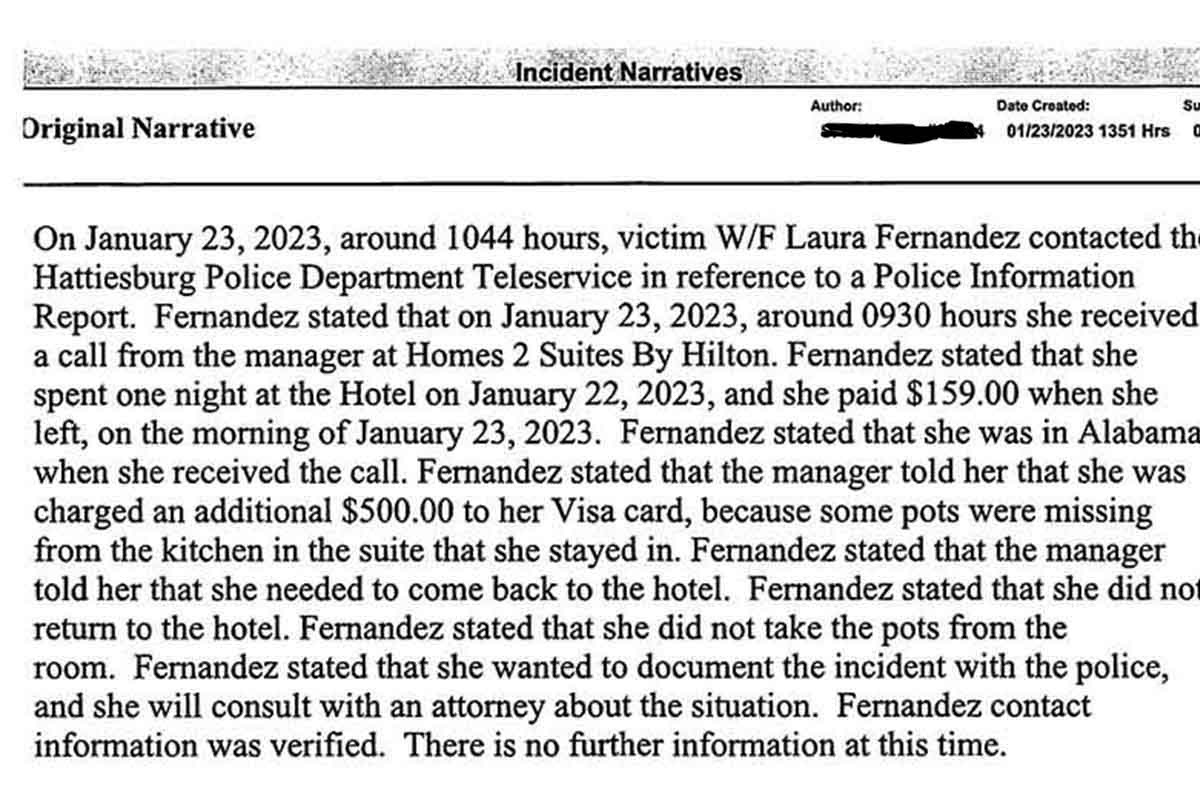 A police report, reporting a hotel for fraud, 