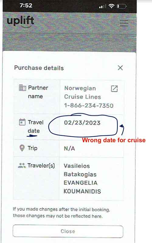 Uplift shows the wrong embarkation date for this NCL cruise. 