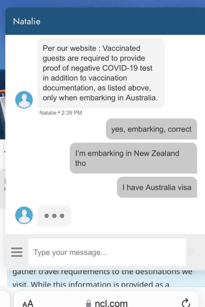 NCL confirms, NCL chat, customer is correct