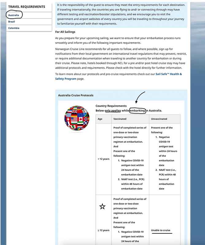 The website of NCL gives wrong information that you don't need a vaccine if embarking from New Zealand to Australia.