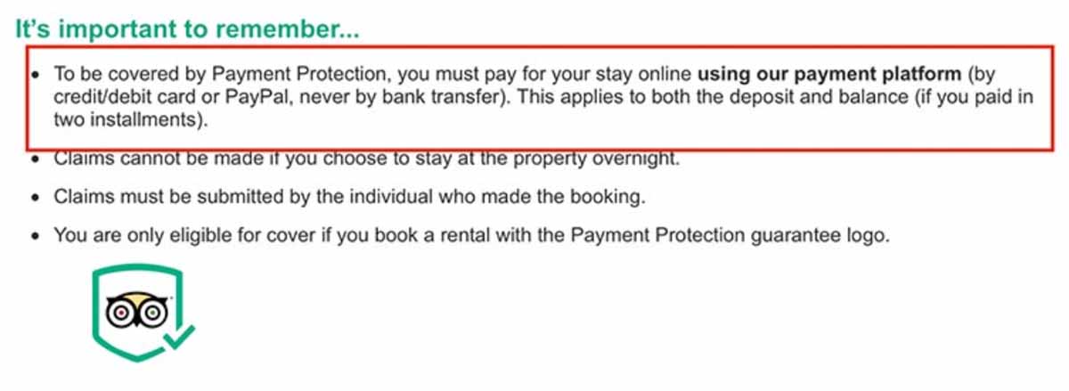 The terms of the Payment Protection Plan from TripAdvisor.