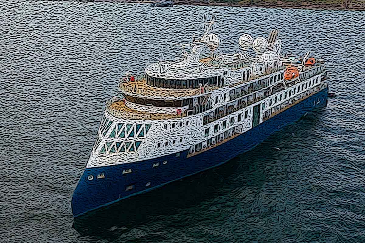 This is a ship on the ocean owned by the company Vantage Deluxe World Travel.