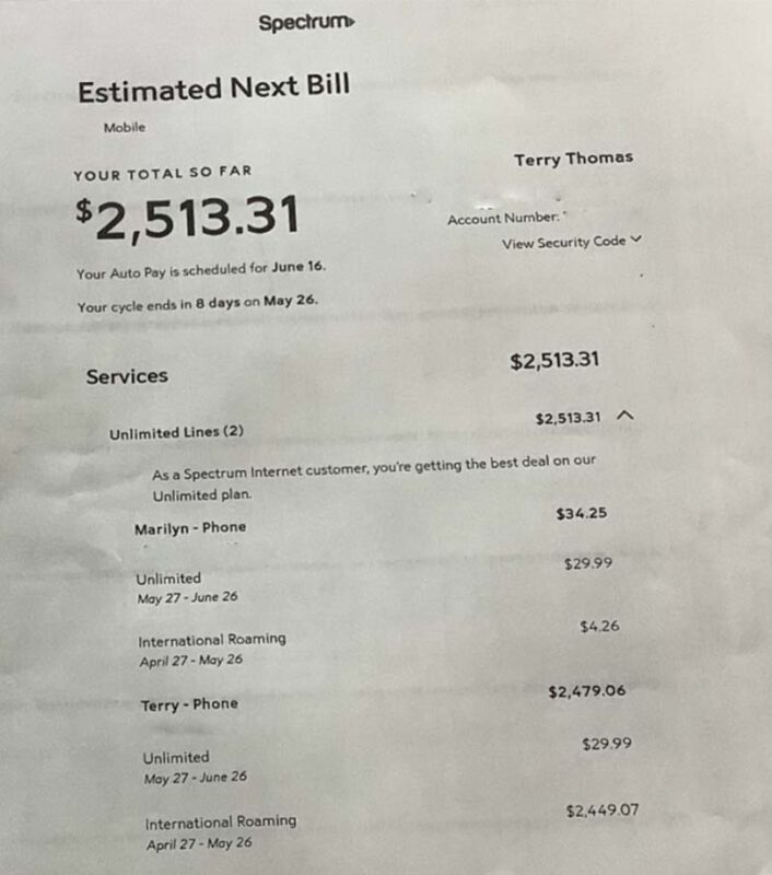 A roaming charge nightmare waking up to a 2,452 cell phone bill