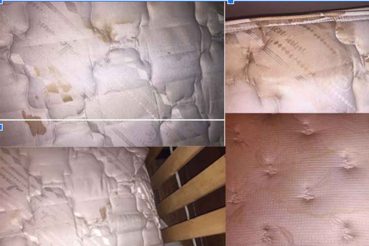 Blood and urine stains on the mattresses of this Airbnb, yucky vacation rental, unsanitary bedding for guests.