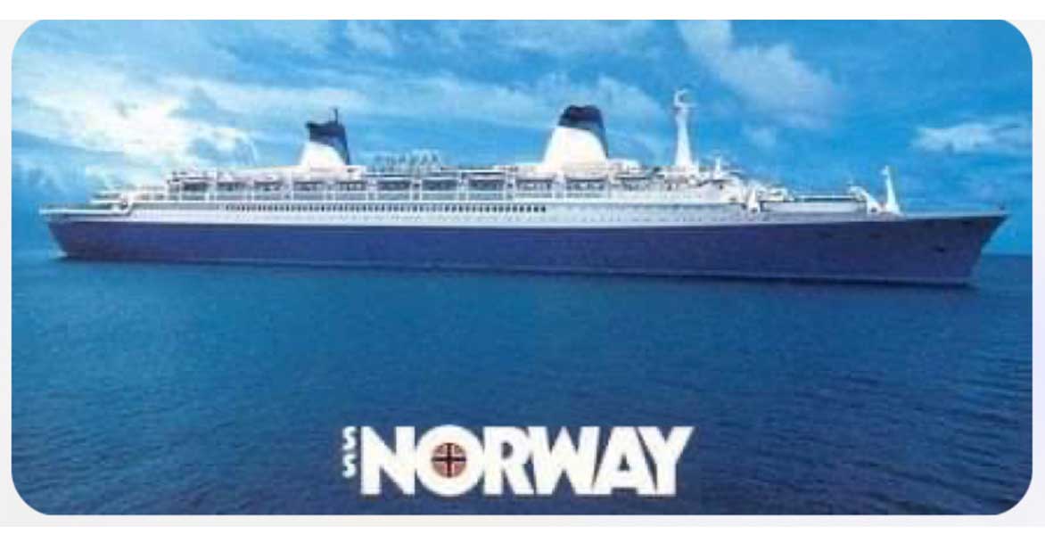 Norwegian Cruise Line's Norway, a ship sailing on the ocean, the title of the image says Norway under the cruise ship. 