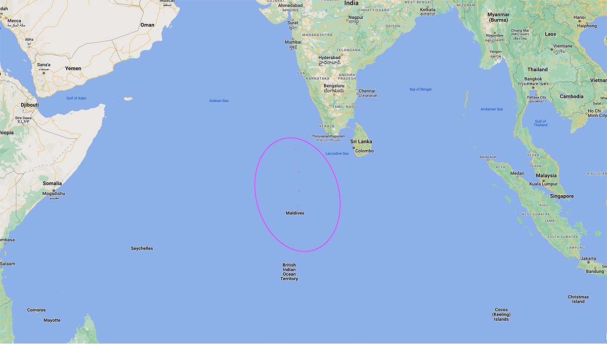 A map showing the location of the Maldives, where the a visiting couple got hit with $2,452 roaming charge bill.