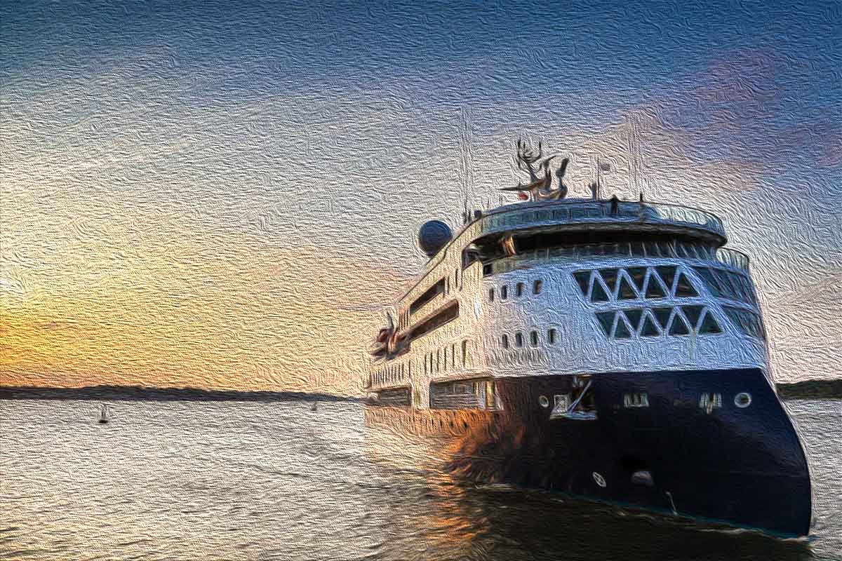 Vantage Travel Ocean Explorer, a cruise ship on the ocean at sunset.