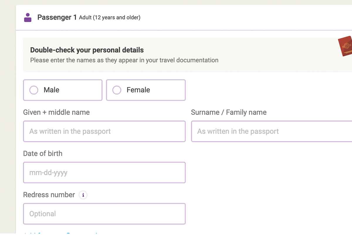 Booking form on Budget Air, no middle name field, online airline booking