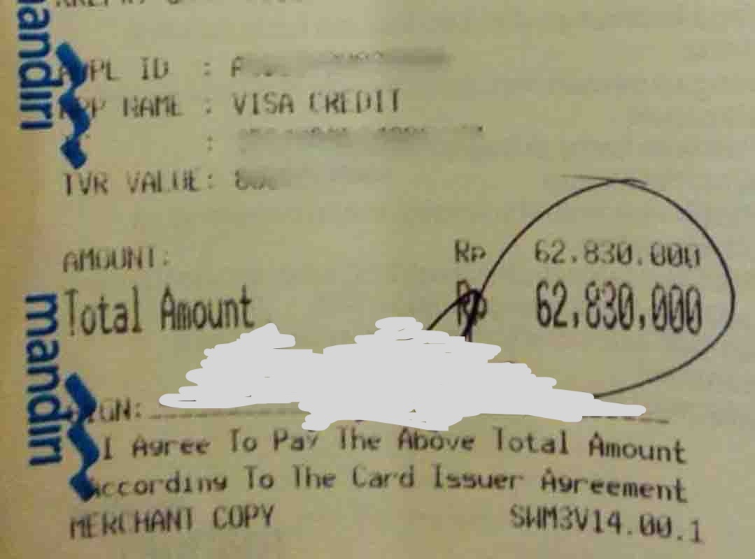 Receipt from the coffee plantation, Merchant copy shows a big charge