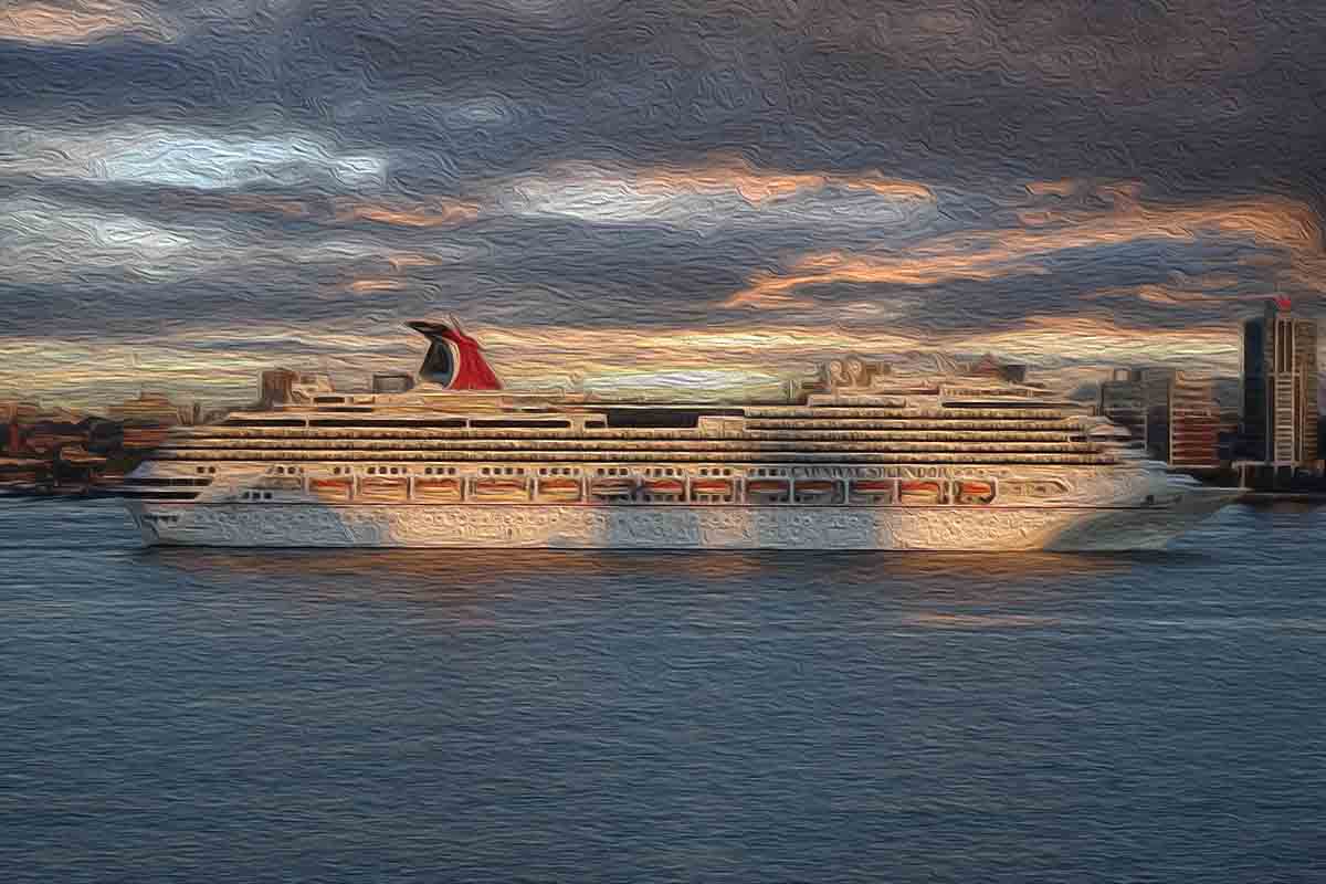 Dark clouds over a cruise ship, sunset over a cruise ship