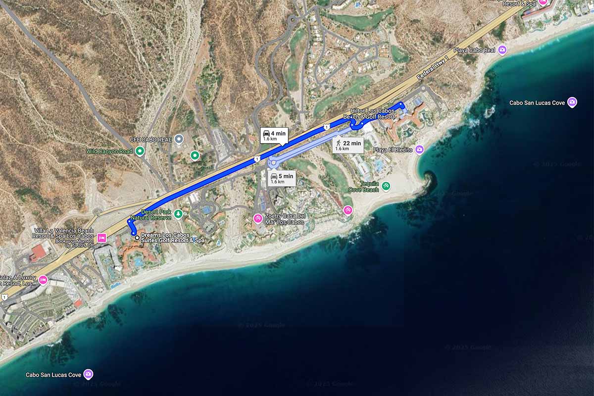 A short drive to Hyatt Dreams The two timeshare properties are located on the same beach in Los Cabos, one mile separates the two resorts in Cabo