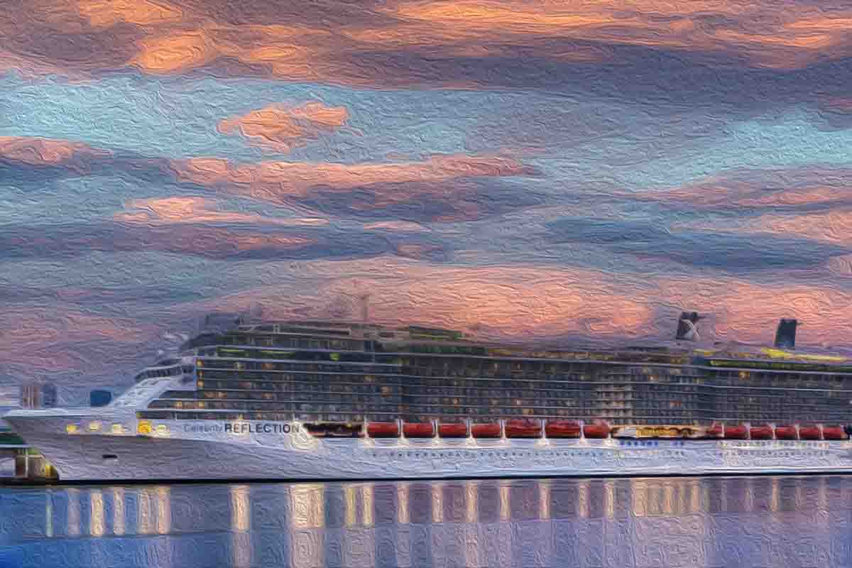 Celebrity Cruises denied boarding pregnant passenger, Celebrity Reflection, cruise ship on the ocean, Cruise ship at sunset.