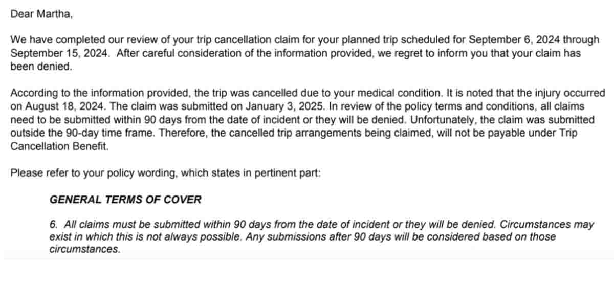An explanation from the travel insurance company about this rejection, Travel insurance mistake