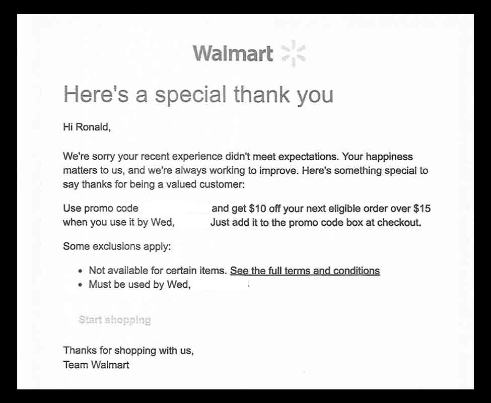$10 coupon with expiration date instead of refund Walmart $10 shopping coupon instead of refund, Walmart promised a refund and sent this coupon instead,