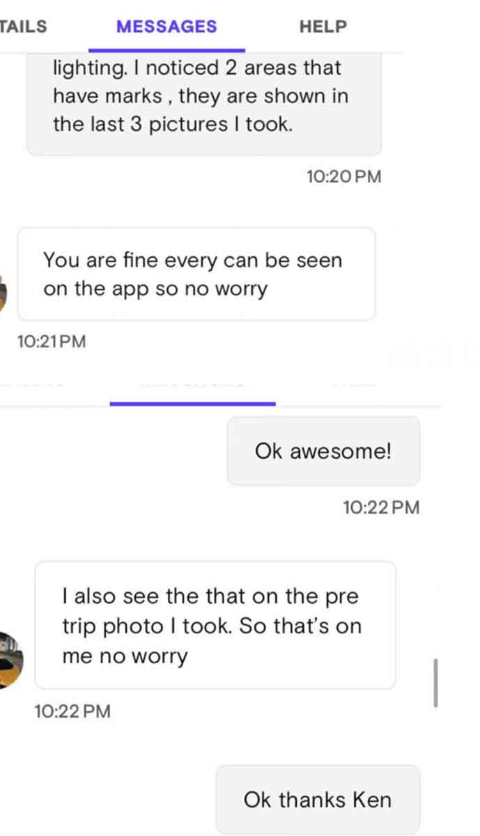 Pre-rental texts Turo car host confirms pre-existing damage, Turo app message center