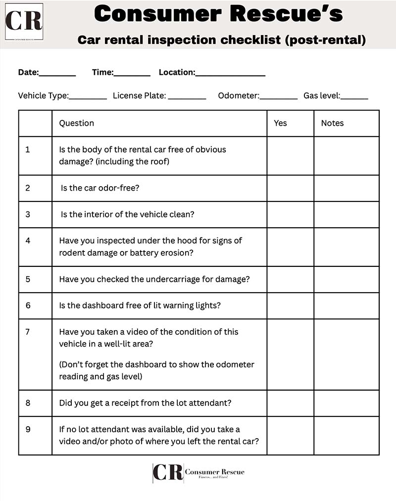 Post-car rental vehicle inspection checklist from Consumer Rescue