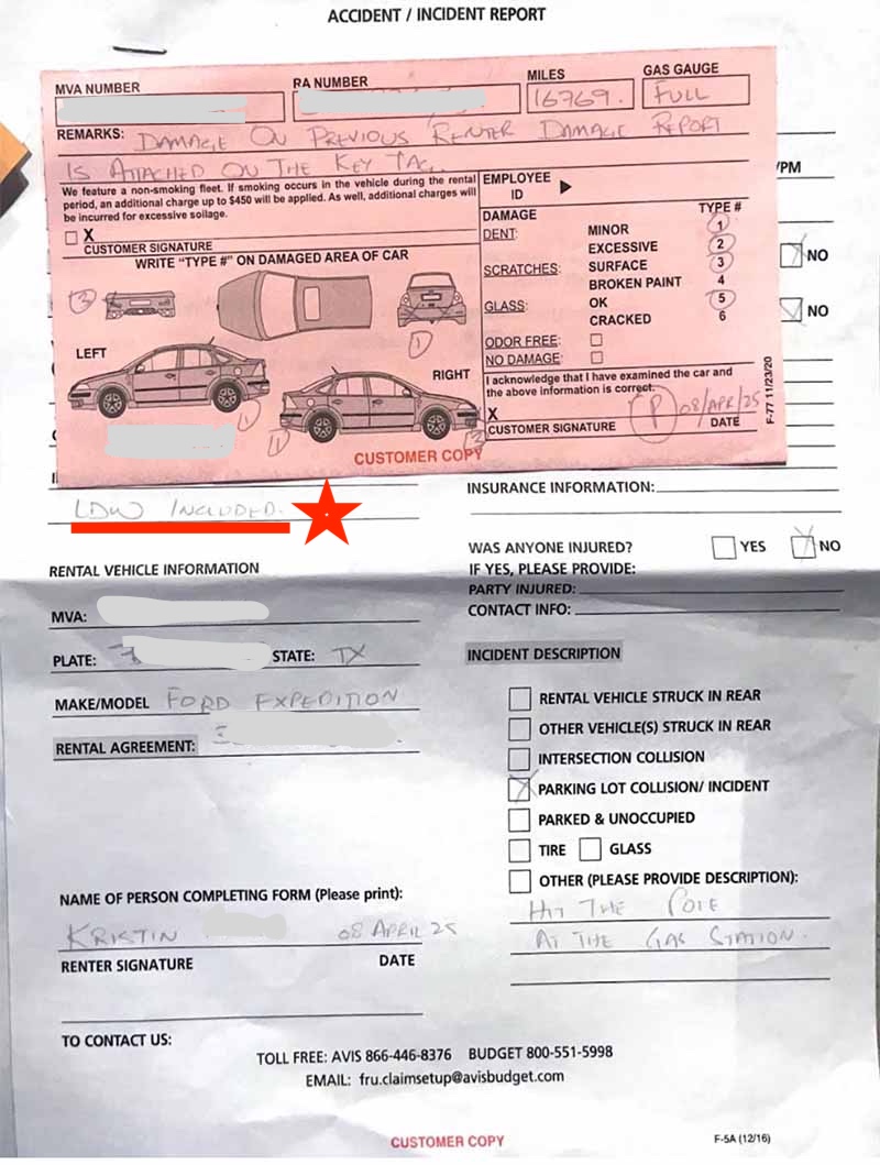 Pre-rental damage report copy Avis Vehicle Incident Report shows another customer should pay this car's repair bill, another customer admitted to damaging this rental car.